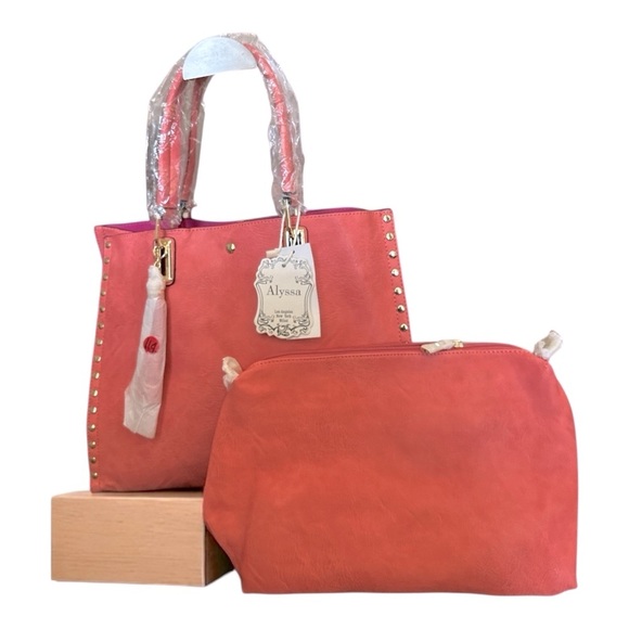 Alyssa Coral 2-Piece Tote & Pouch Set | Gold Studs | 17”x12” - Picture 1 of 11
